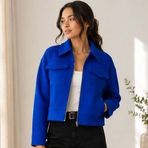 Ted Baker Elrosa Cropped Jacket Cobalt Blue Waffle Texture Zip Front XL NWT
